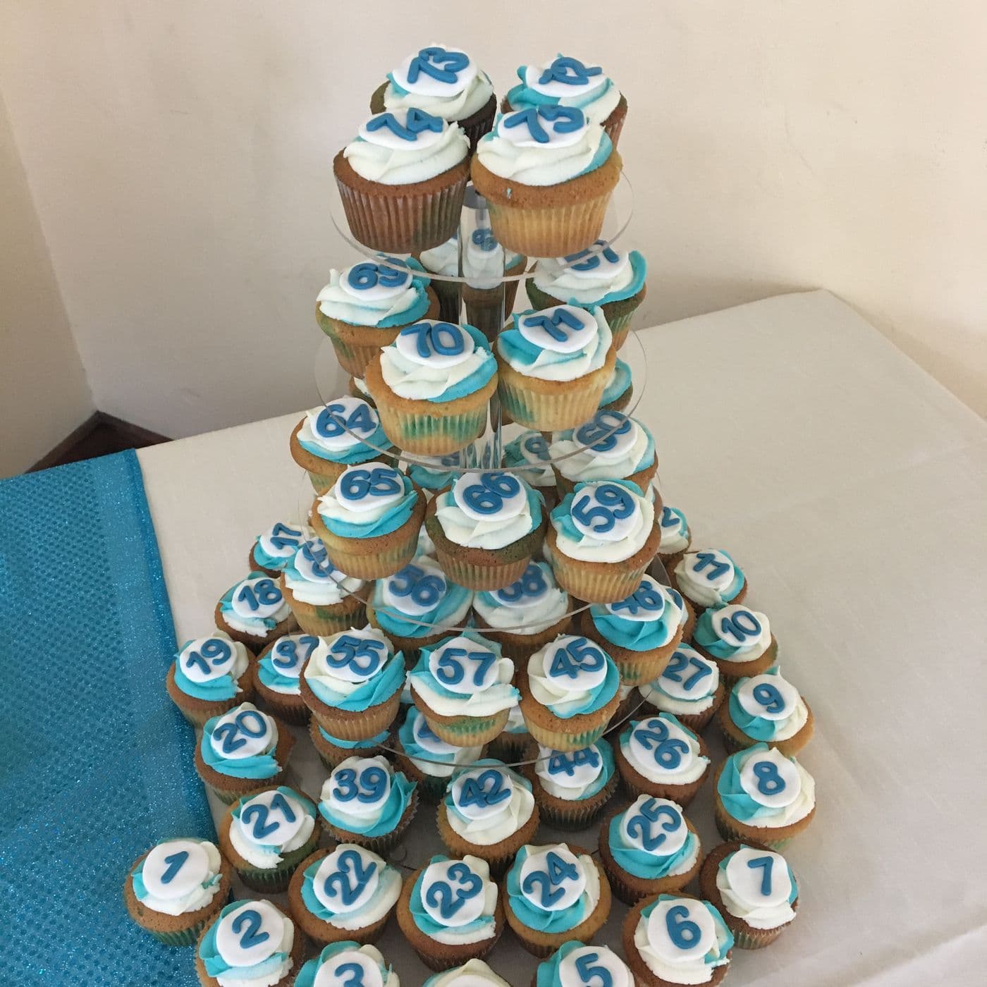 Cupcake tower on a tiered stand for a milestone birthday, each cupcake iced in teal and white and topped with a hand-cut fondant number — one for every year